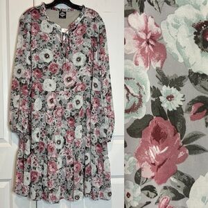 NWT Cal Style Gray Pink Floral Long Sleeve Tiered Midi Dress XL